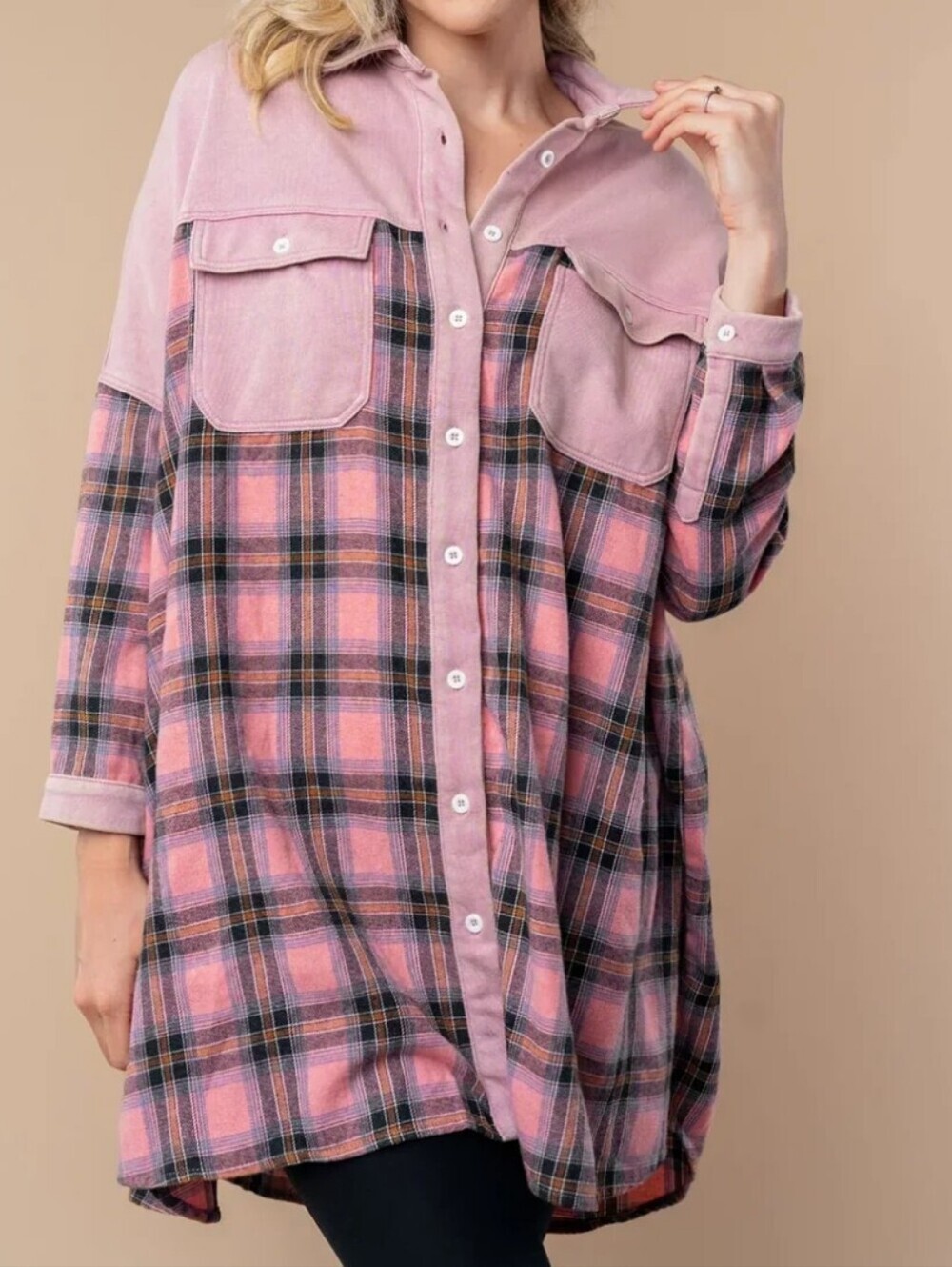 White Birch Pink and Black Plaid Button-Up Shacket Oversized Size Large Nwot